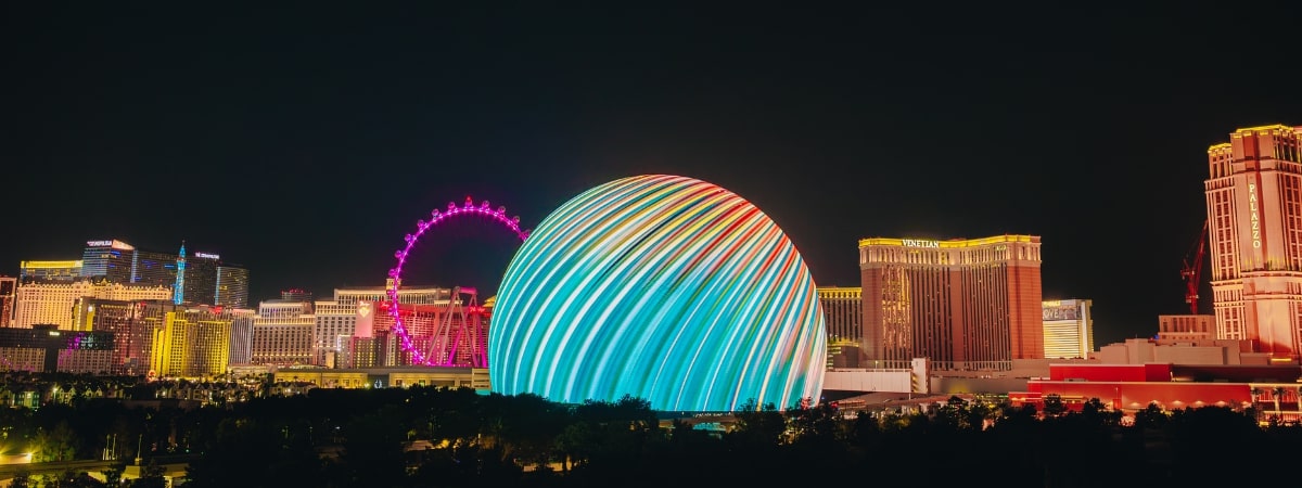 Sphere Las Vegas at Night; Ferris Wheel, Venetian, Palazzo in the background
